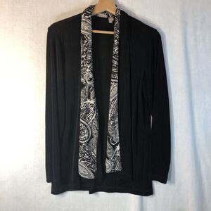 Traveler's Chico's Size 1 Black Open Front Top w White Paisley Trim Long Sleeve